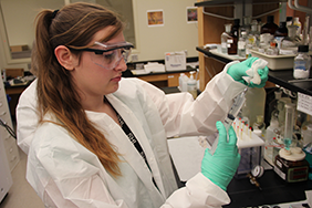 Mallory Wills from Central Lee High School works with
Marinea Mehrhoff in Radiochemistry, on her Student
Mentorship project focused on radon levels in well water
from Lee County.