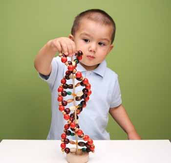 A boy plays with a toy that represents a DNA double helix.