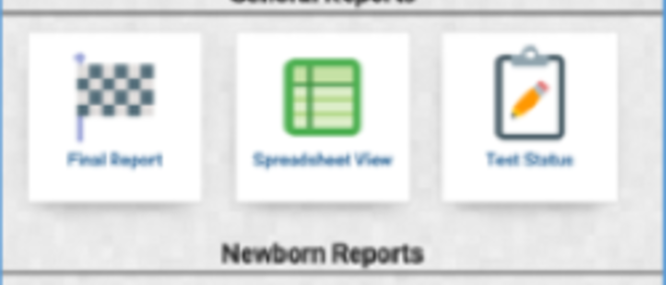 Interface with sections for General Reports, Newborn Reports, and Other, showing various report icons.